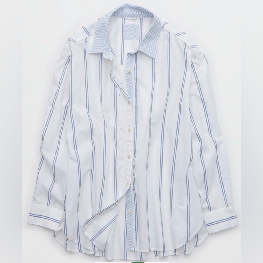 aerie Oversized Good Day Button Down Shirt Blue & White Striped Cotton